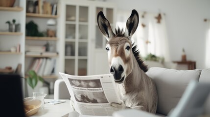 shocked donkey reading a newspaper - obrazy, fototapety, plakaty