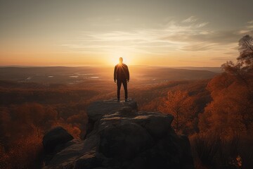 Fototapeta premium A man standing on top of a mountain at sunset