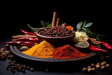 colored spices on dark background. Generative AI