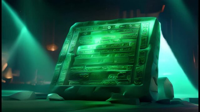 Emerald Tablet of Thoth with ancient inscriptions in an ancient temple