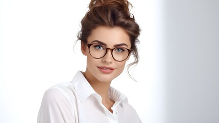 A woman with spex on white background , speace for copy , text , banner , Generative AI