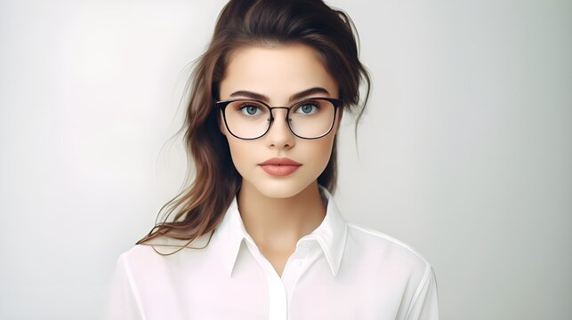 A woman with spectacles on white background , advertistment , commercial post , speace for copy and text