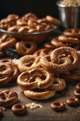 A stack of pretzels on a rustic wooden table