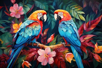 Vibrant exotic artwork featuring parrots and floral elements. Generative AI