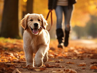 Golden Retriever in the autumn park in sweet company of his man