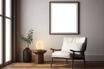 3d minimalistic interior with mockup painting on the wall. Armchair with lamp