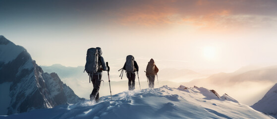 A group of mountaineers climbs to the top of a snow-capped mountain - obrazy, fototapety, plakaty