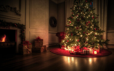 christmas holiday, the living room is decorated in a Christmas style , symbol of Christmas and new year, greeting card, generative ai