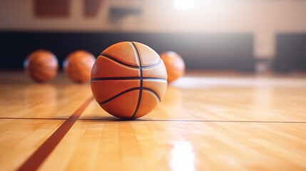 Two basketball balls laying on the floor  - obrazy, fototapety, plakaty