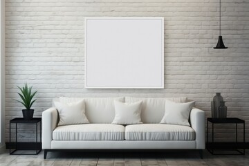 Blank picture frame mockup with luxury sofa on living room. Generative AI