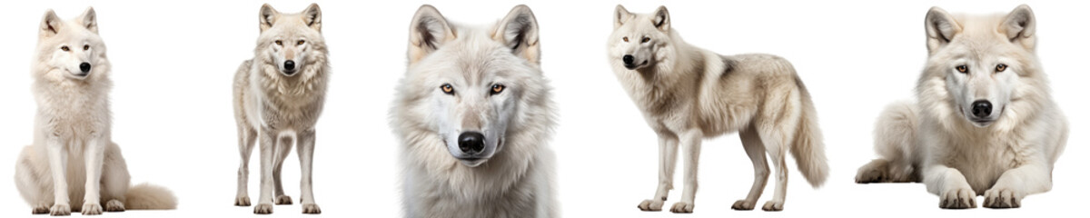 arctic wolf collection (sitting, standing, portrait, side view, lying), animal bundle isolated on a white background as transparent PNG