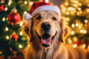 Portrait of christmas dog wearing santa hat with bokeh background - obrazy, fototapety, plakaty