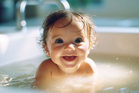 Portrait of happy smiling satisfied baby taking a bath
