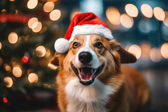 Portrait of christmas dog wearing santa hat with bokeh background