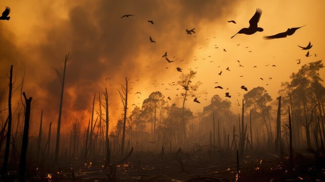 Animals Running Escaping To Save Their Lives from the burning forest. climate change, droughts and forest fires concept