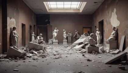 An abandoned museum room with broken marble statues