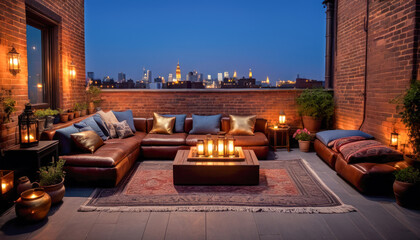 Luxurious and comfortable rooftop terrace lounge with a large sofa in New York at blue hour