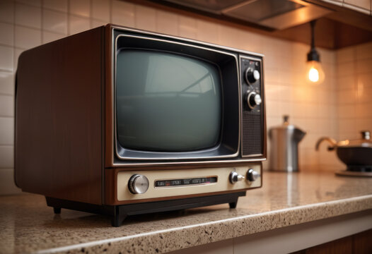 An old tube television in a kitchen with a blurred background