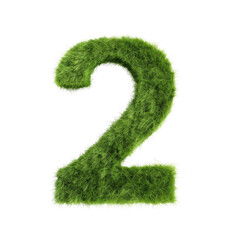green grass forming number two, 2, alphabet text font character isolated on white in nature, growth and eco environment concept.