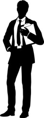 Silhouette business person man in a smart suit and tie holding a clipboard.