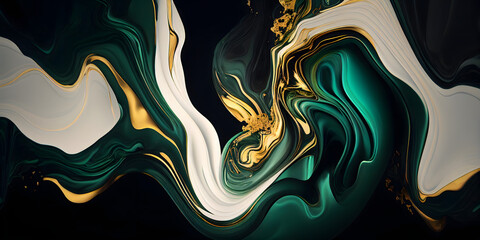 Abstract marble textured background. Fluid art modern 3d wallpaper. Luxury marble with green and gold paint. Generative Ai. - obrazy, fototapety, plakaty