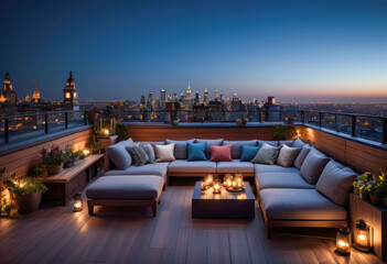 A luxurious and comfortable rooftop terrace with a panoramic view in a large city building