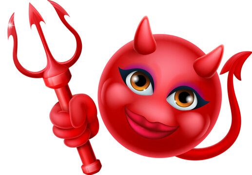 A red devil or satan emoji emoticon female woman face holding a trident, pitchfork or pitch fork cartoon icon mascot.