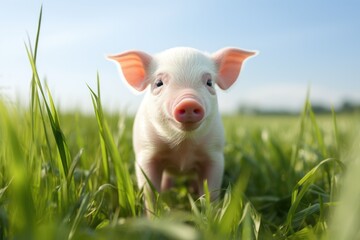 Healthy and happy baby pigs in the green field. Ai generative - Powered by Adobe