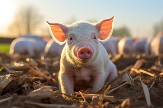 Healthy pigs in the barn Livestock industry raising meat animals. Ai generative