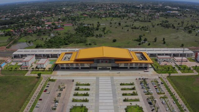 Aerial view from drone flying over Laos-China train station in Vientiane Capita