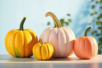 Halloween, orange pumpkins on a wooden table. Organic and natural colors, cozy background, copy space