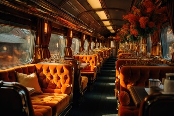 Fototapeta premium A private train with leather seats and a tray table in the style of modern luxury, overlooking the sky through a window. Generative AI