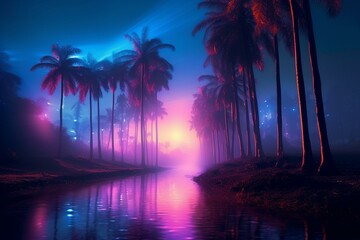 Neon-lit palm trees in foggy tropical landscape. Artistic view. Generative AI