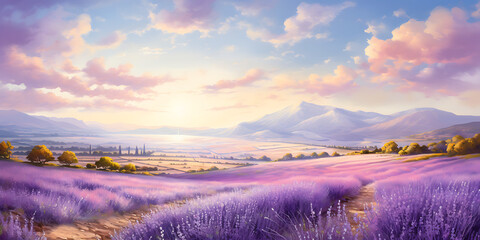 A picturesque landscape of endless lavender fields in full bloom stretching towards distant hills under a soft, lavender-hued sky that radiates tranquility and natural beauty 

