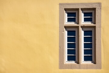 Yellow facade with old wooden window, window frame on empty yellow wall