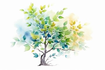 Watercolor branch apple-tree cherry poplar green leaves wind abstract paint isolated background logo card. Generative AI