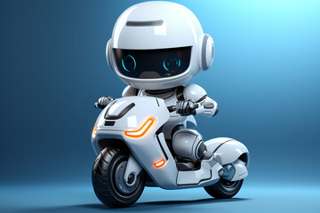 Robot riding a motorbike on blue background. 3D rendering