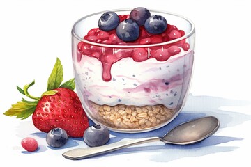 Nourishing berry parfait in glass bowl with yogurt, oatmeal, and chia seeds. Illustrated in watercolor. Generative AI