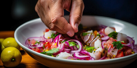 Close up of hands of non recognizable people handling Peruvian ceviche.