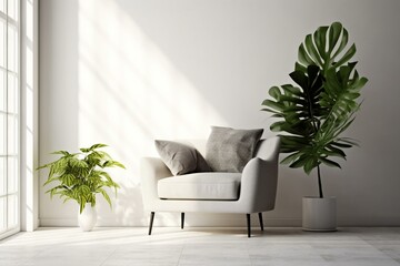 White living room in Nordic style with gray armchair, pillow, and green plants. Generative AI