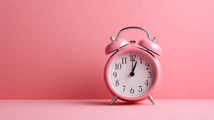 Retro style alarm clock over the pink background