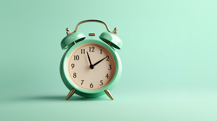 Retro style alarm clock over the mint green background