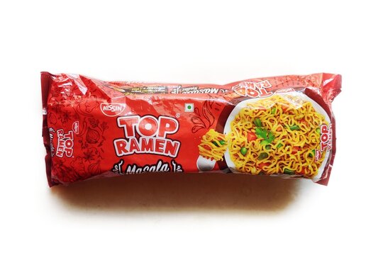 Guwahati, Assam, India - September 30, 2023 : Top Ramen Masala noodles now comes with 20 percent more masala. The noodles are also masala flavored and they are non-sticky too. 