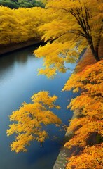 There is a row of maple trees growing along the river in autumn