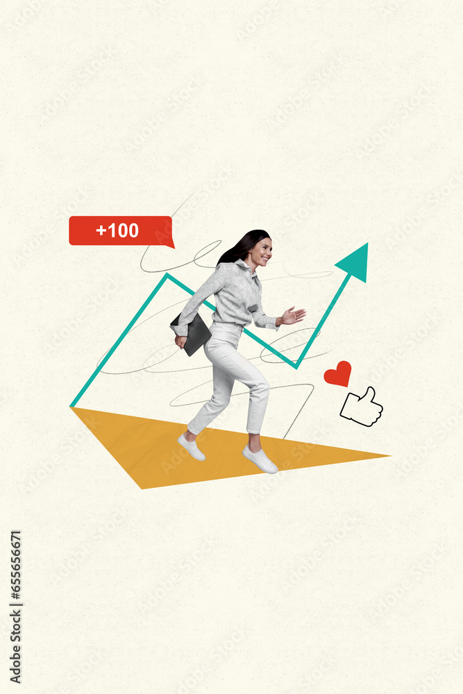 Aufkleber collage image 3d poster of happy going girl working as content manager successful growth blog develo
