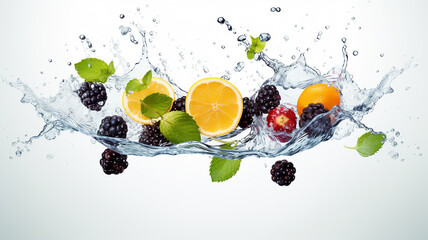mix fruit dropped into the water isolated on white background.