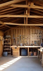 An old shed type wood worker or carpenter's work place with old tools on the wall and rustic feel. - obrazy, fototapety, plakaty