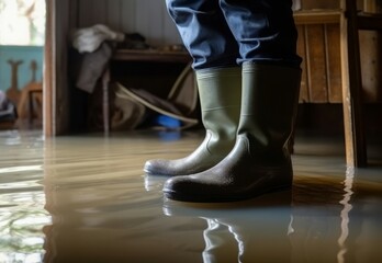 Boots rubber in flooded house. After big rain. Generate Ai