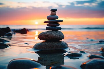 Stack of round smooth stones on a seashore, sunset. Mental health and meditation concept. Generated by artificial intelligence - obrazy, fototapety, plakaty