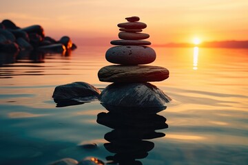 Stack of round smooth stones on a seashore, sunset. Mental health and meditation concept. Generated by artificial intelligence
